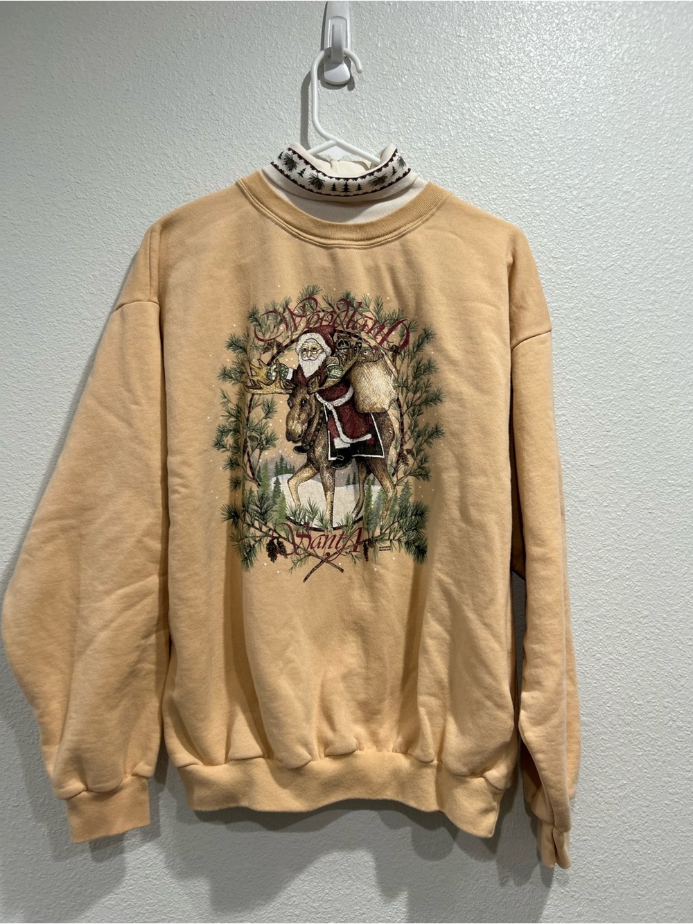 Vintage Artisan Woodland Santa sweatshirt moose double-collar turtleneck Large